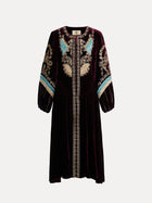 The Social Queen Handcrafted Embroidered Velvet Jacket features vintage-inspired glamour with intricate gold, blue, and beige embroidery on the chest, sleeves, and front.