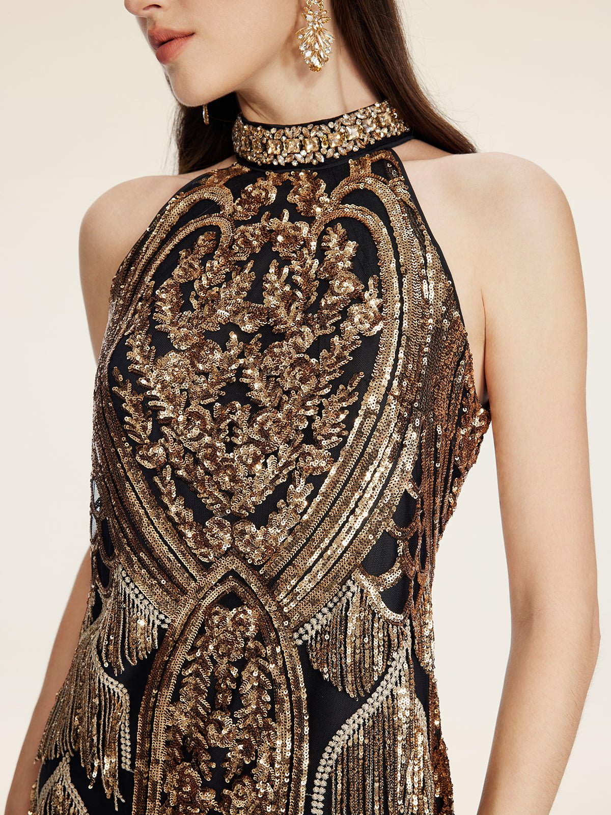 Handcrafted Fringe Sequin Halter Gown | Social Queen Handcrafted Fringe Sequin Halter Gown | Social Queen
