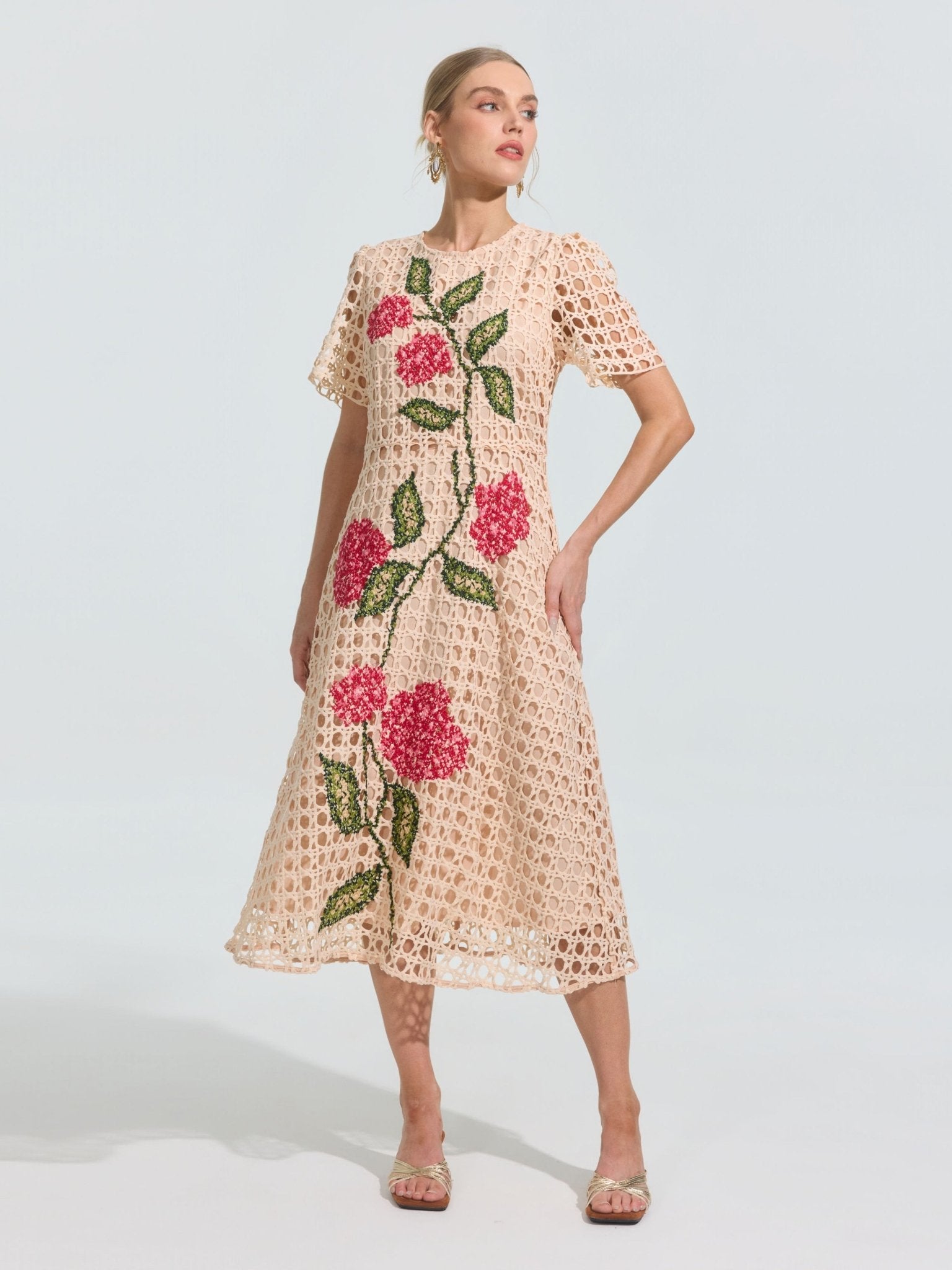 Hydrangea Embroidered Openwork Dress - Social Queen