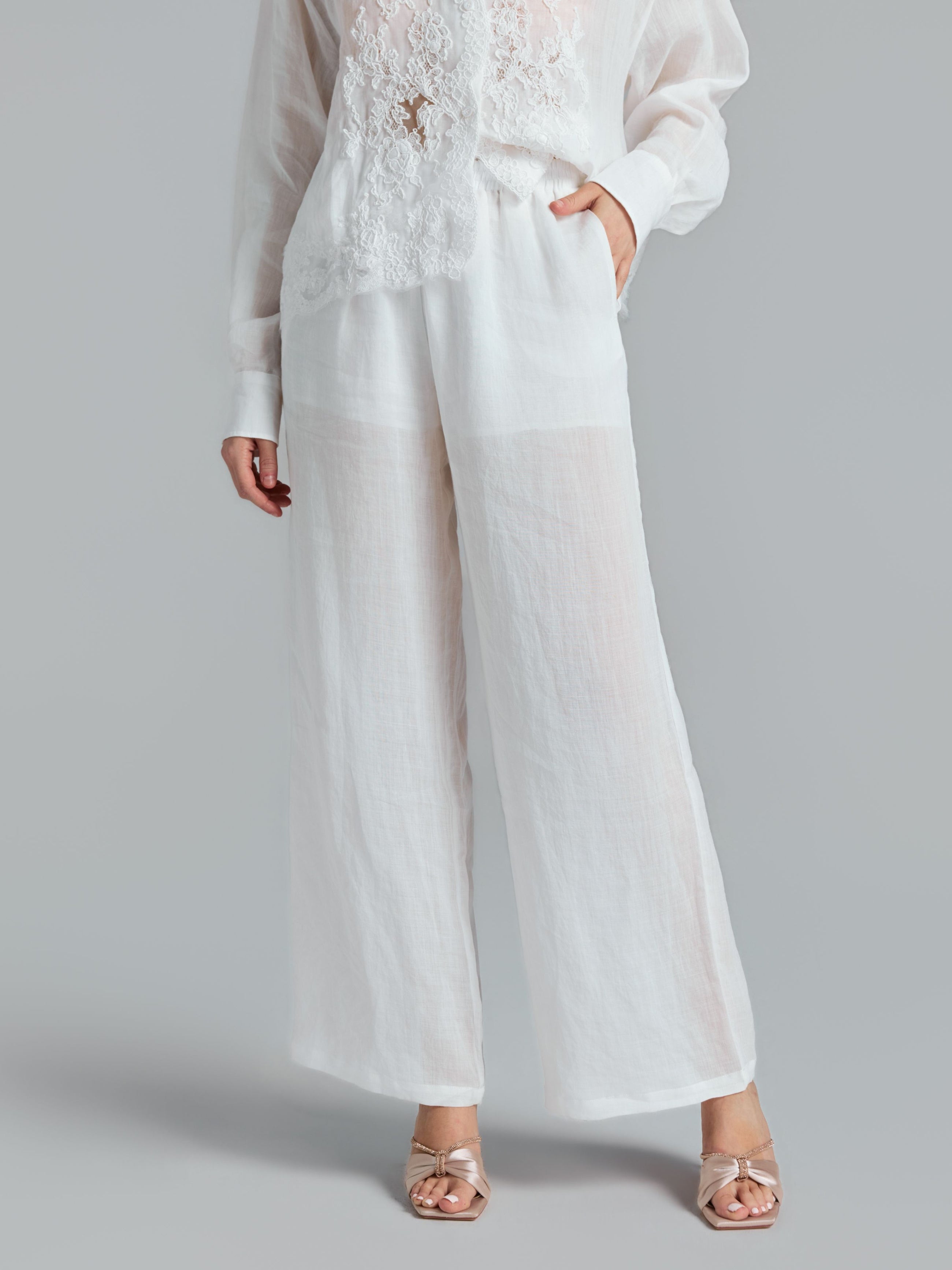 Wearing Social Queen’s Textured Straight-Leg Pants in sheer white, styled with a white lace blouse and metallic open-toe heels, the person stands against a plain background with one hand in their pocket.