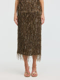 A person wears the Social Queen Sequin Fringe Midi Skirt with gold high-heeled sandals, ideal for special occasions, standing against a plain white background.