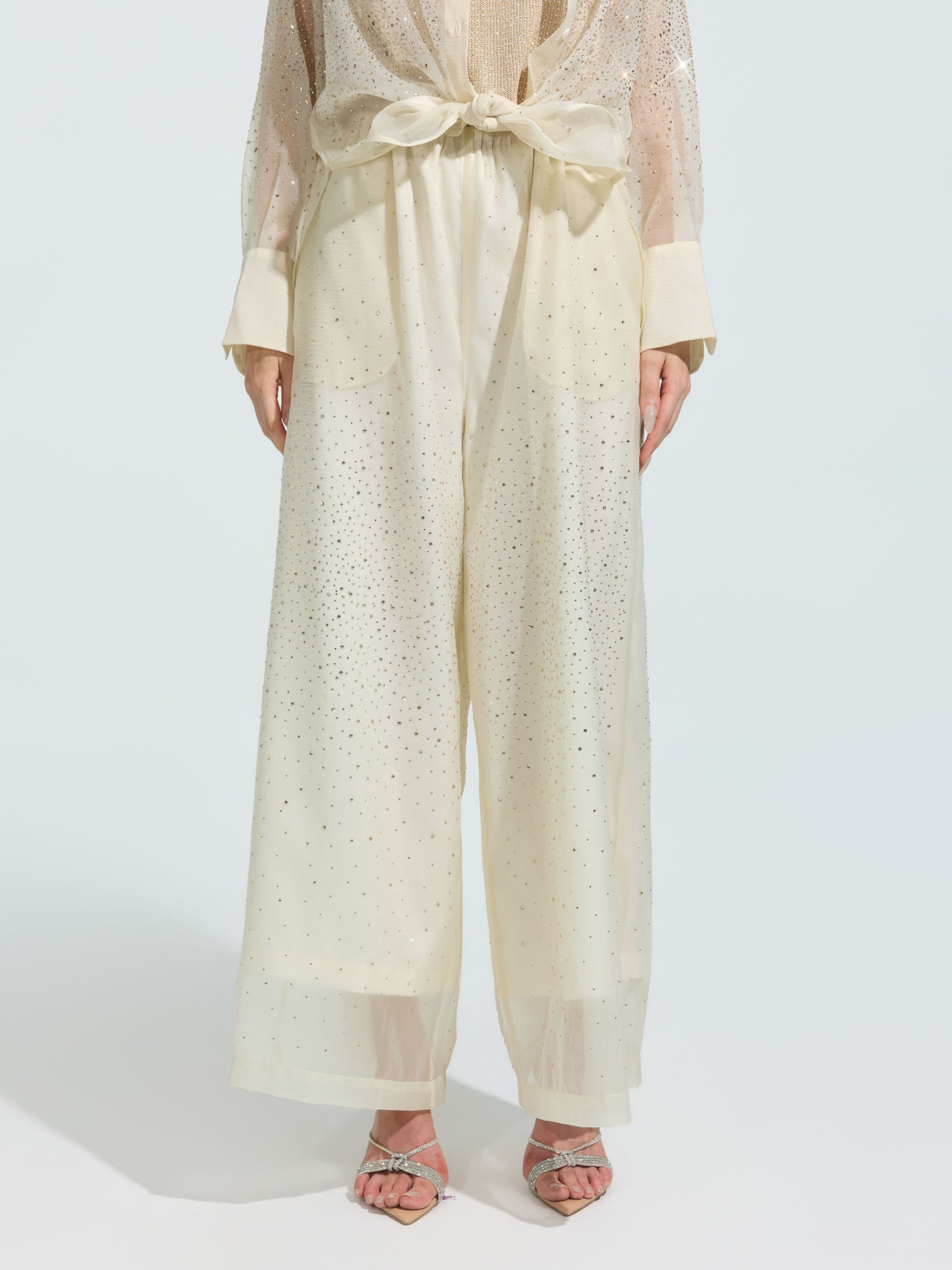 Rhinestone Detail Wide-Leg Pants