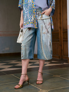 Baroque Pearl-Embellished Denim Shorts