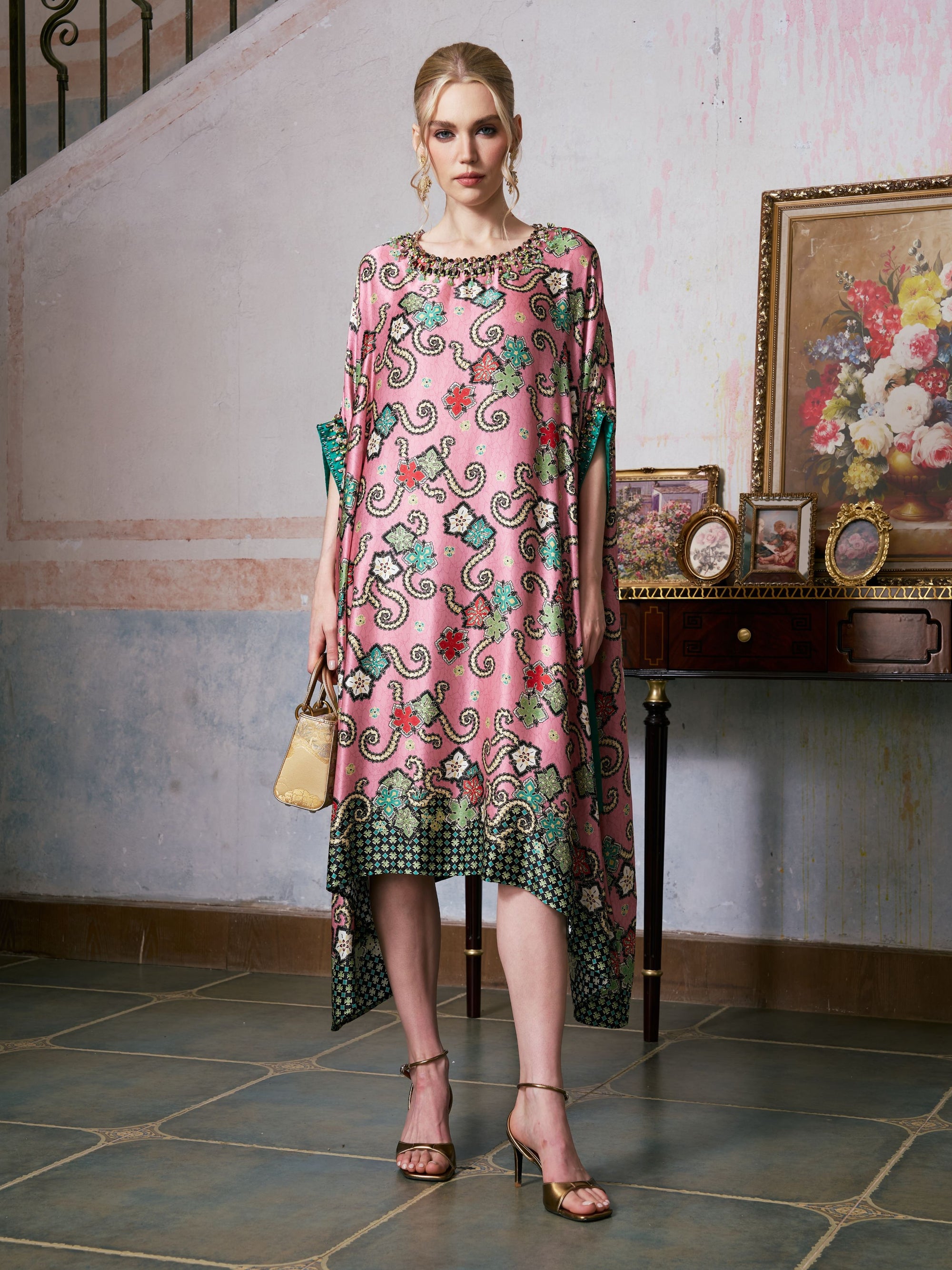 Beaded Printed Silk Kaftan Dress