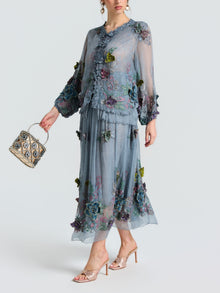 3D Floral Embroidered Silk Blouse