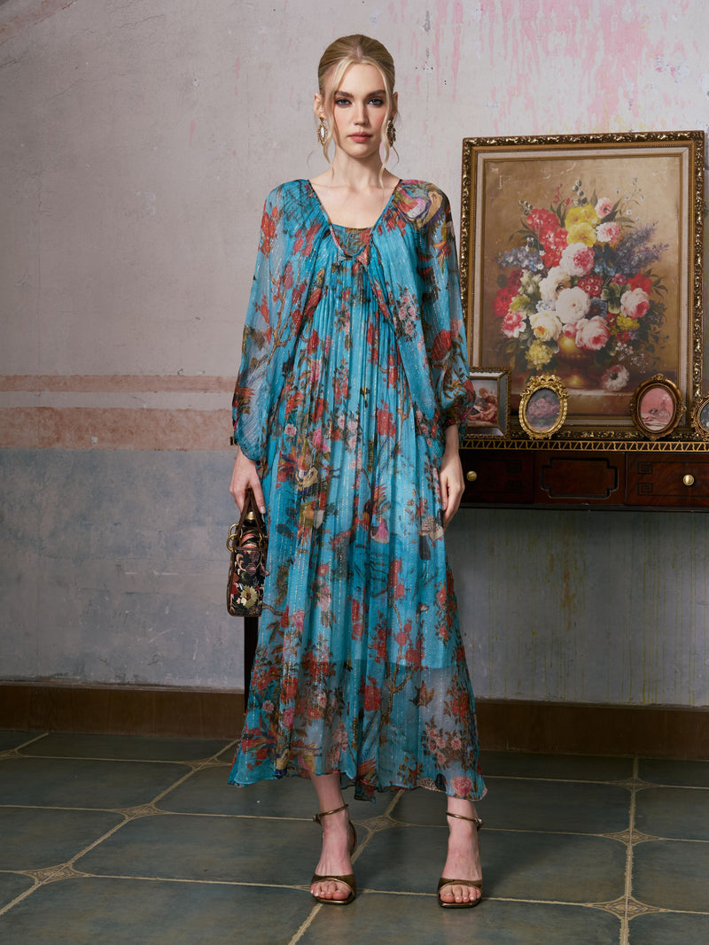 Botanical Bird Print Silk Dress