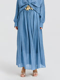 Person wearing the Social Queen Pleated Ramie Maxi Skirt (belt not included), styled with open-toe heeled sandals.