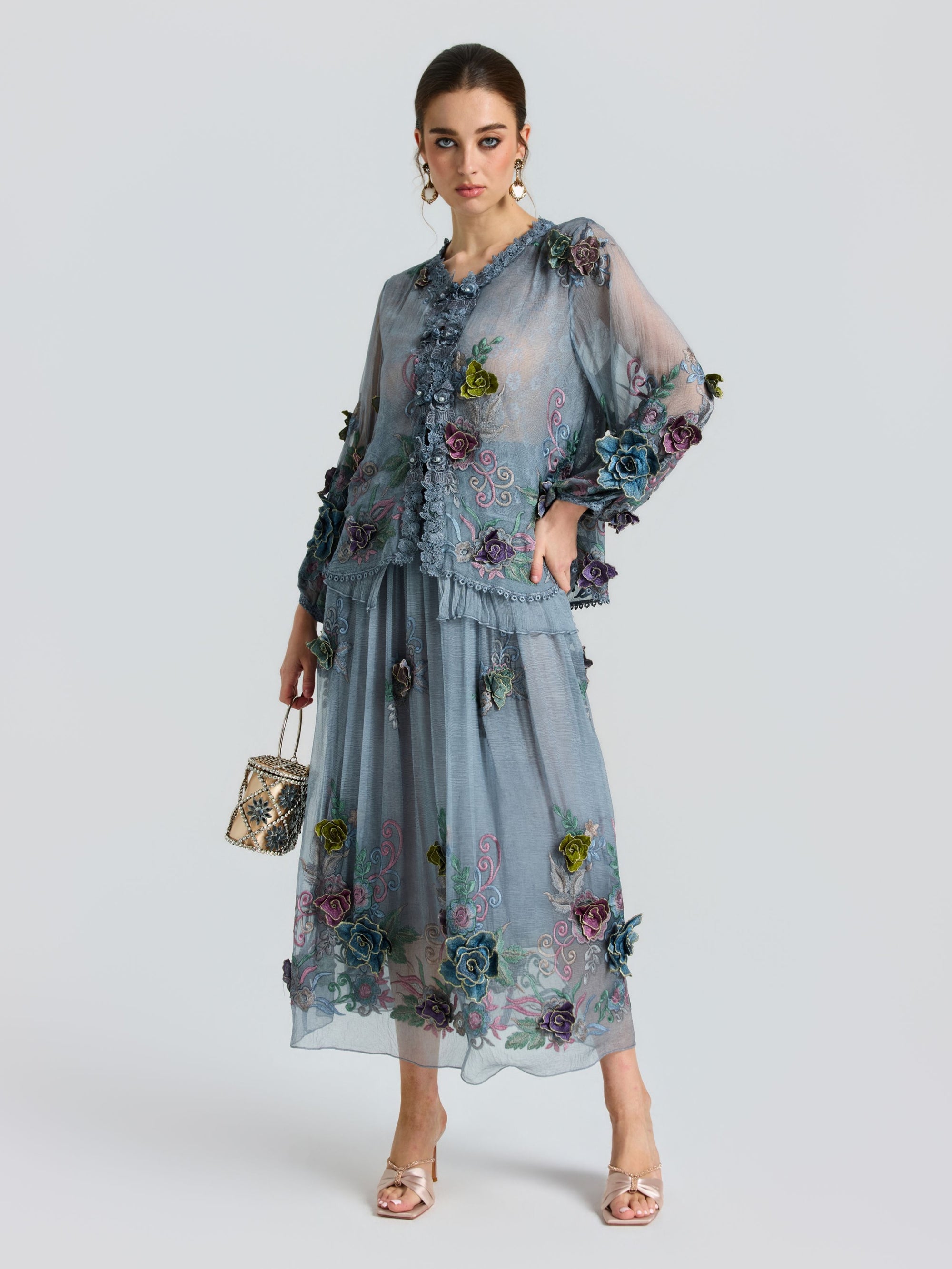3D Floral Embroidered Silk Blouse