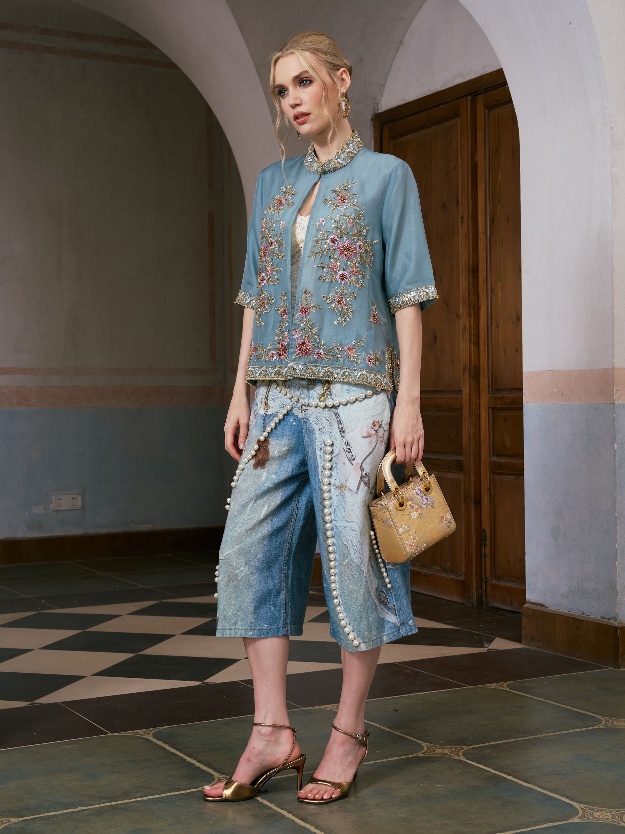 Baroque Pearl-Embellished Denim Shorts