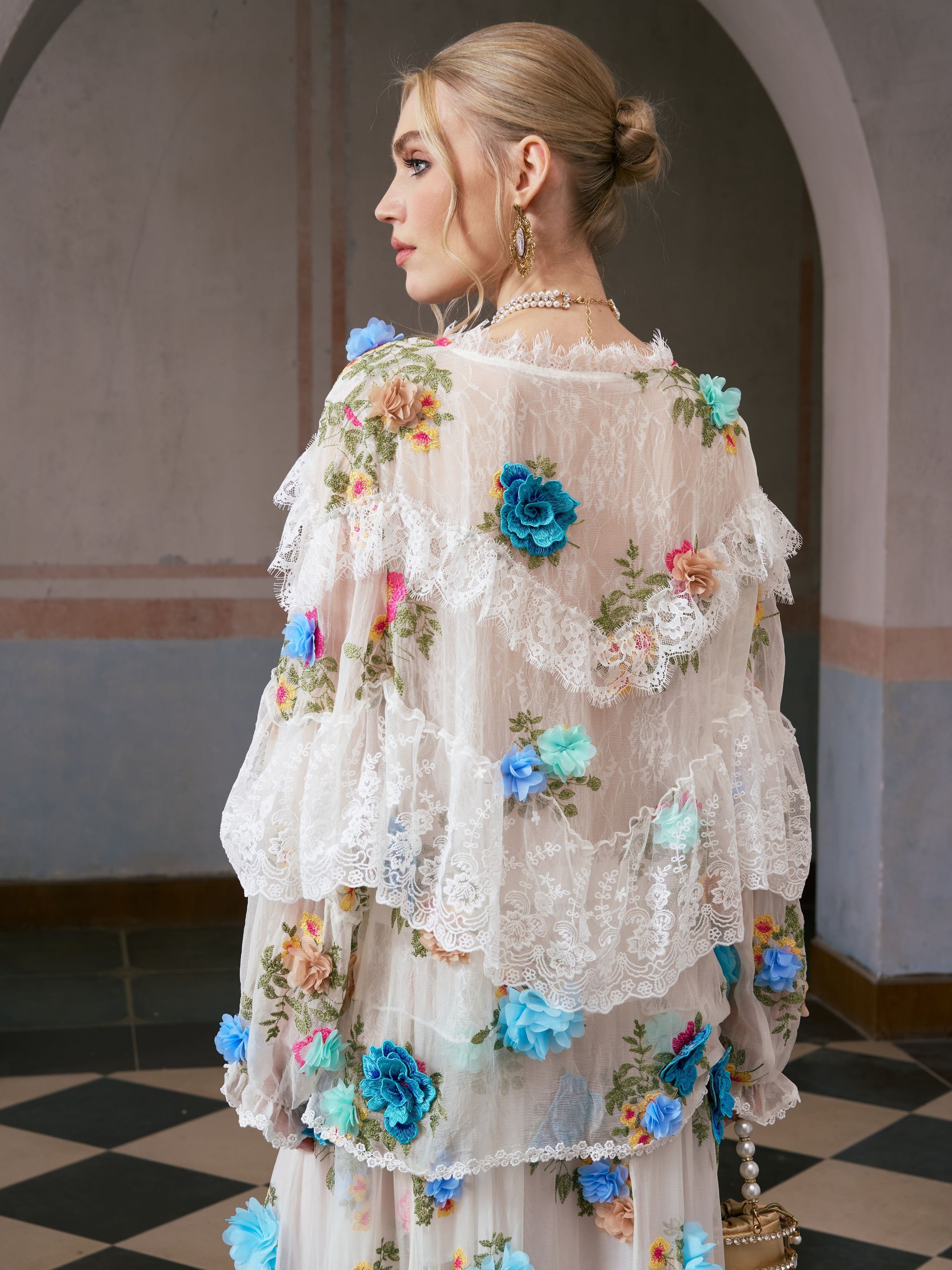 3D Floral Appliqué Mulberry Silk Blouse
