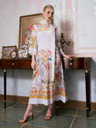 Floral Bird Print Silk Dress with Scarf