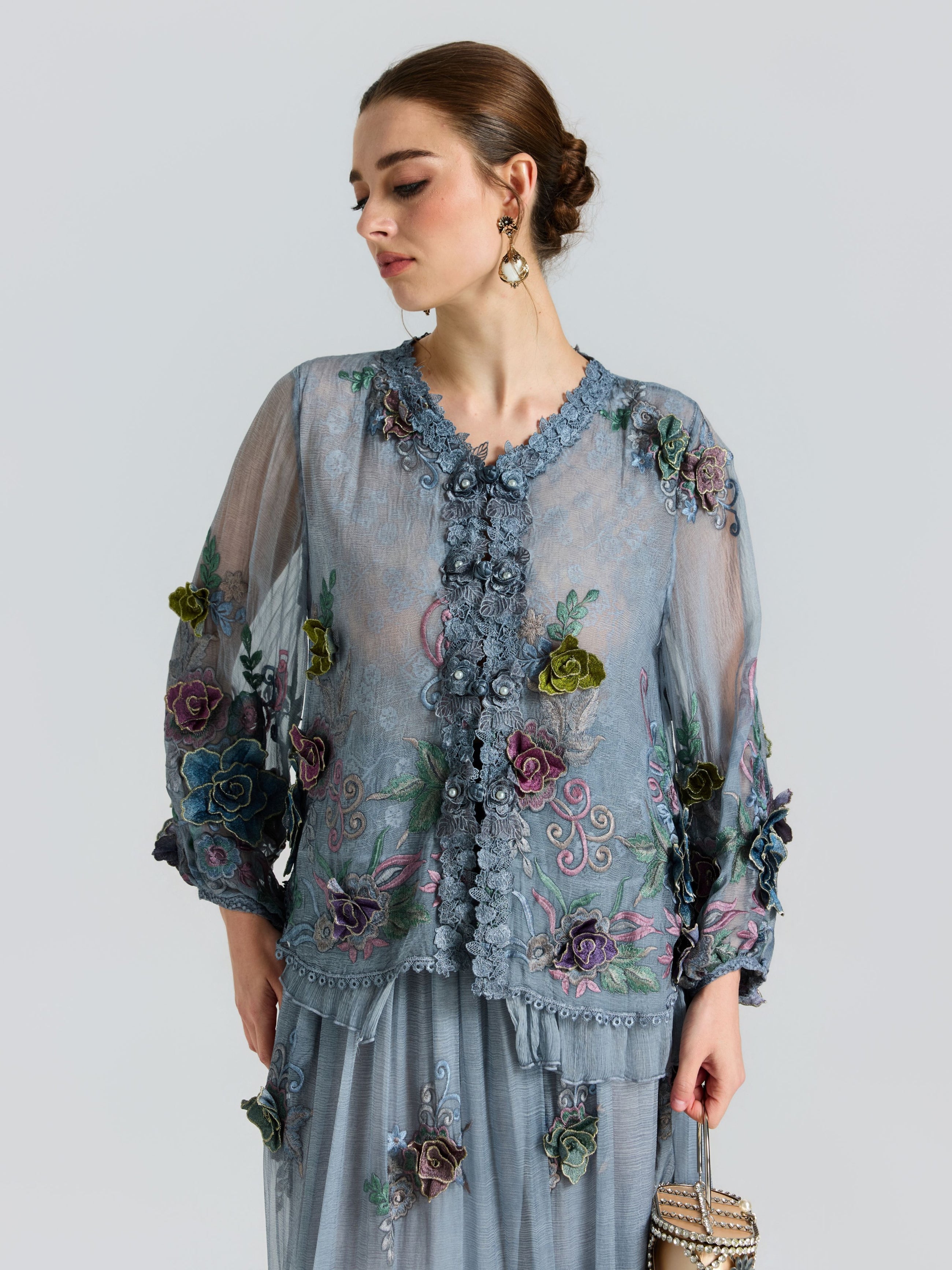 3D Floral Embroidered Silk Blouse