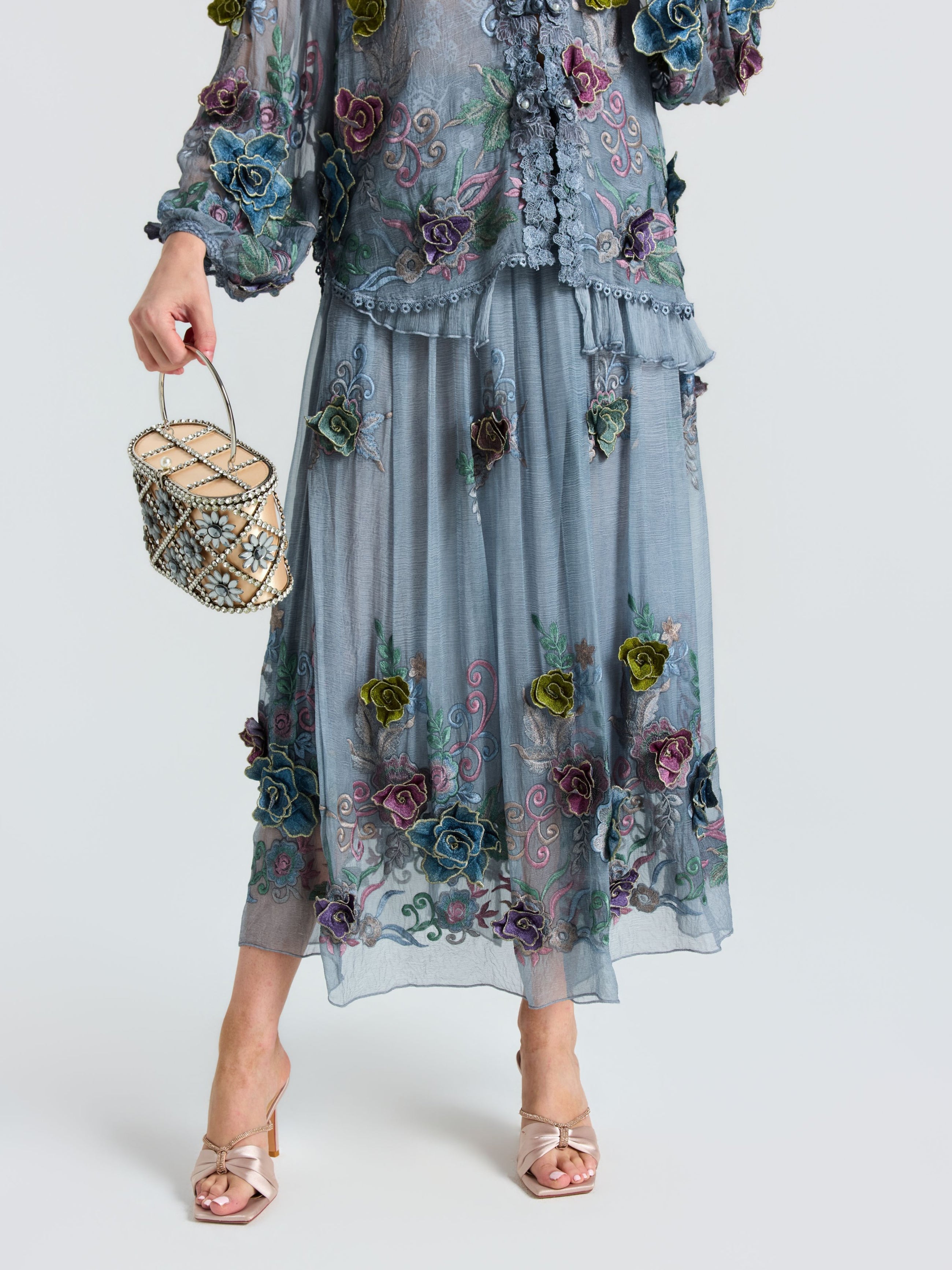 3D Floral Embroidered Silk Skirt