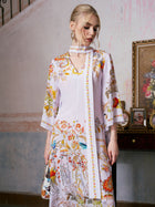 Floral Bird Print Silk Dress with Scarf