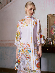 Floral Bird Print Silk Dress with Scarf