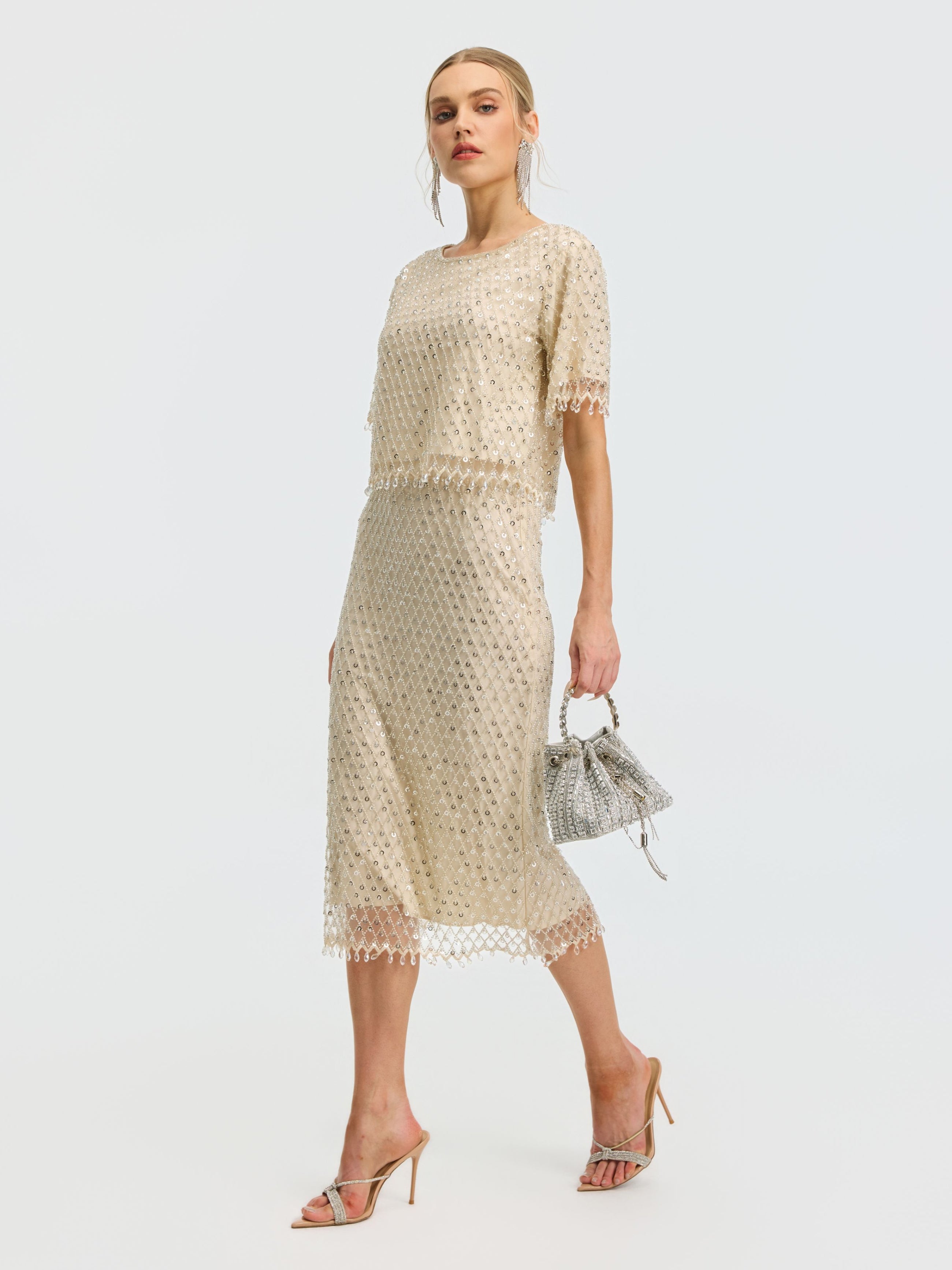 Crystal Beaded Fringe Midi Skirt