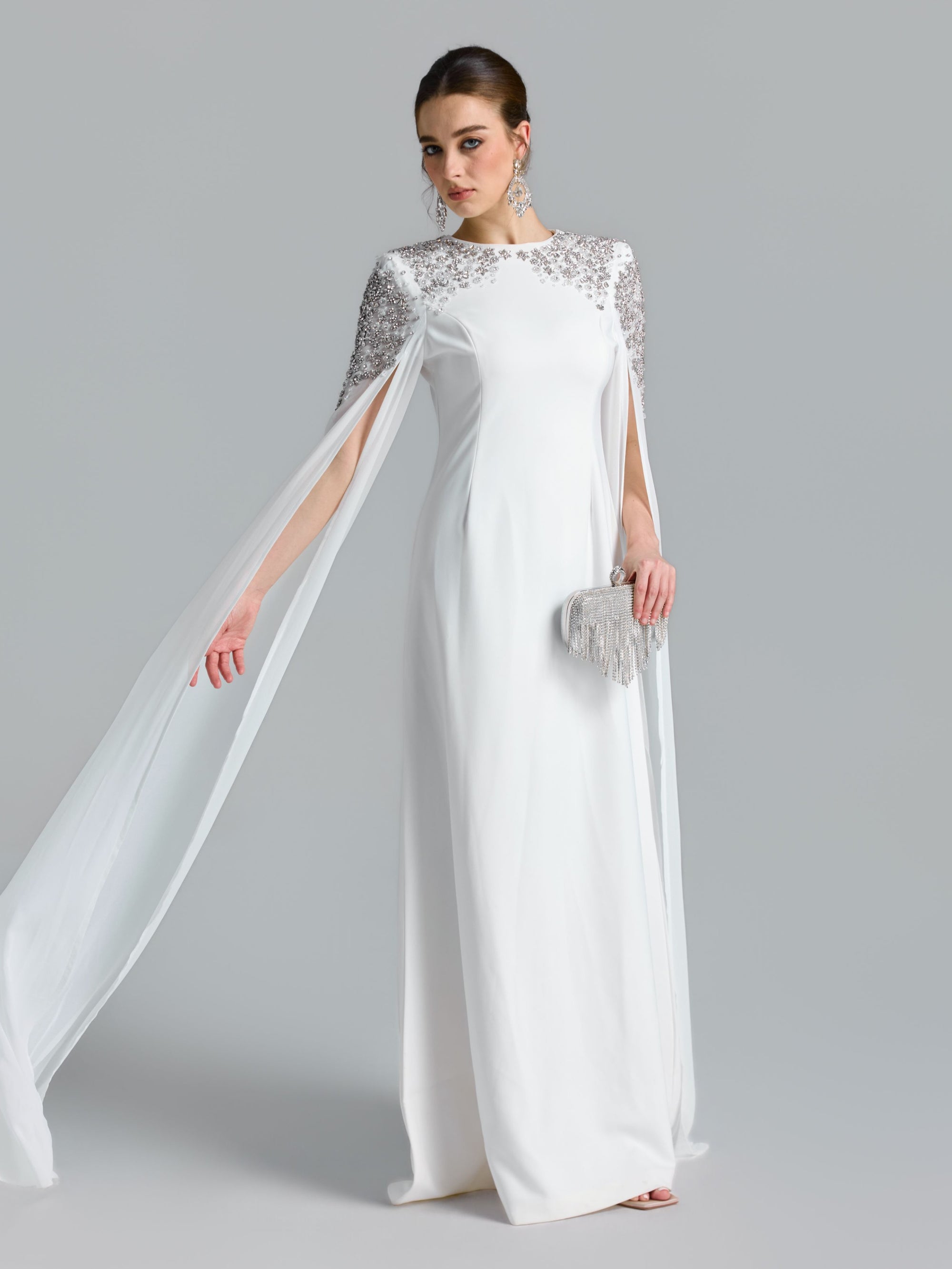 Crystal Cape Sleeve Evening Gown