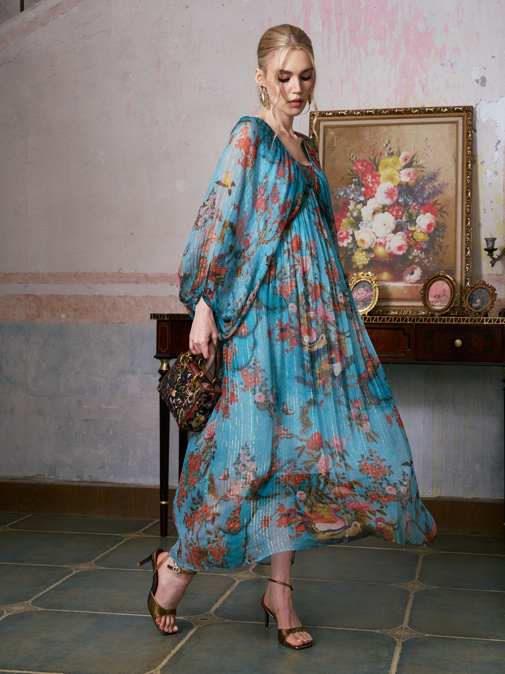Botanical Bird Print Silk Dress
