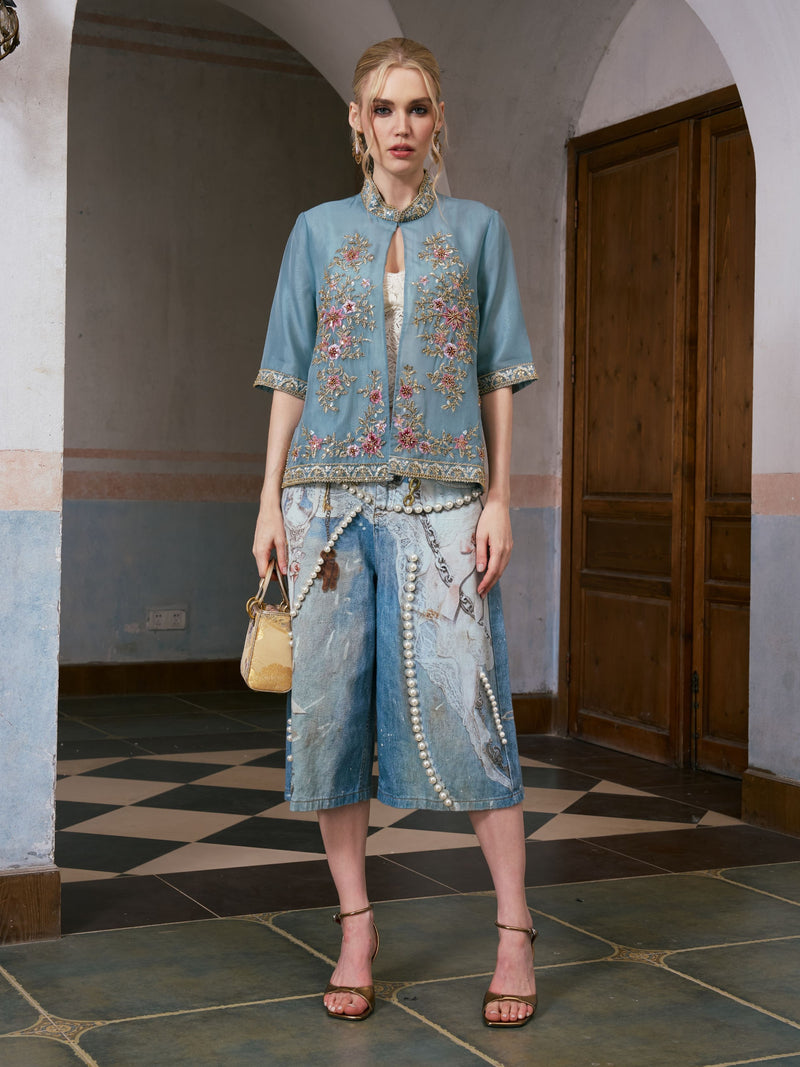 Baroque Pearl-Embellished Denim Shorts