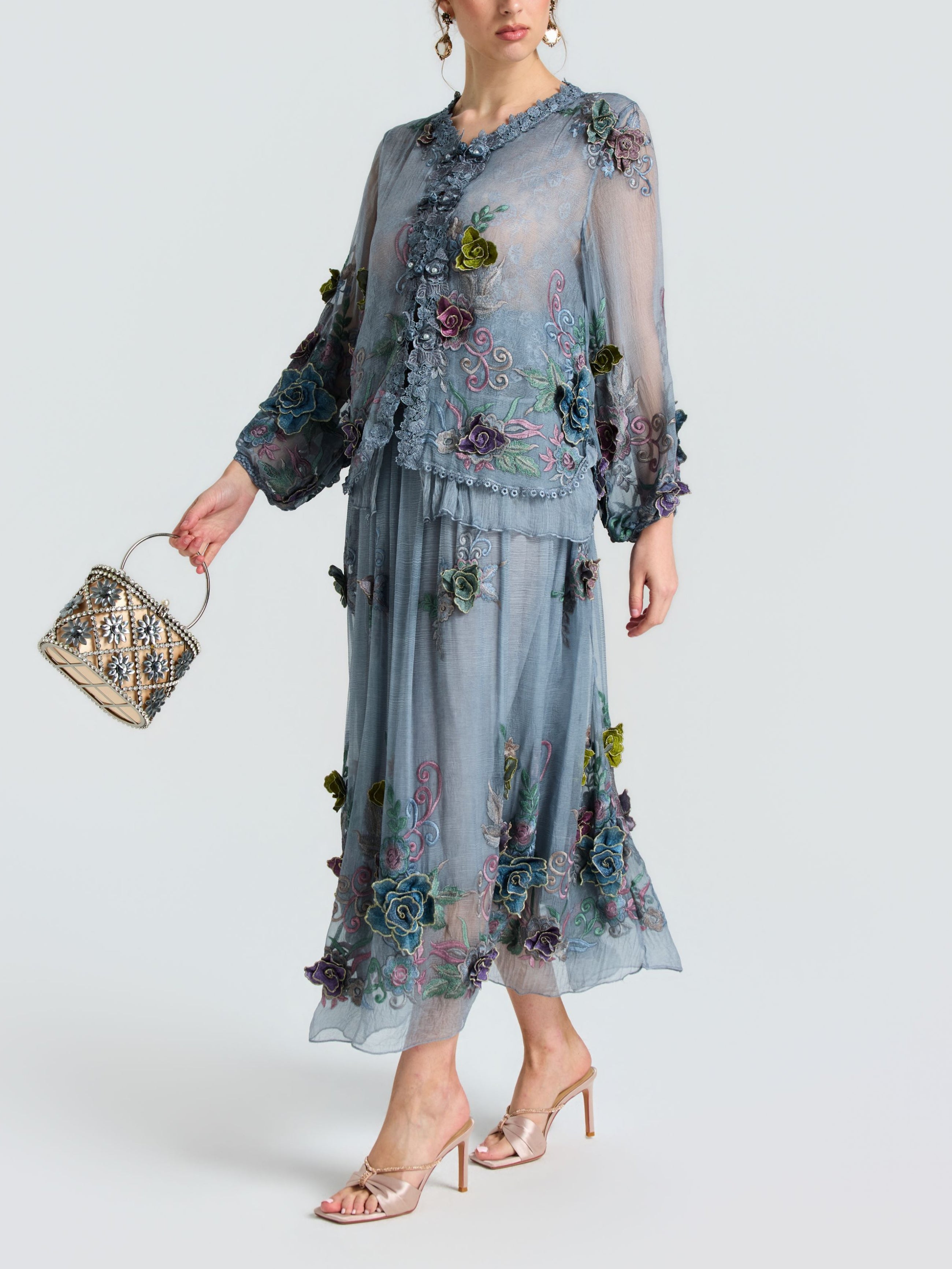 3D Floral Embroidered Silk Skirt