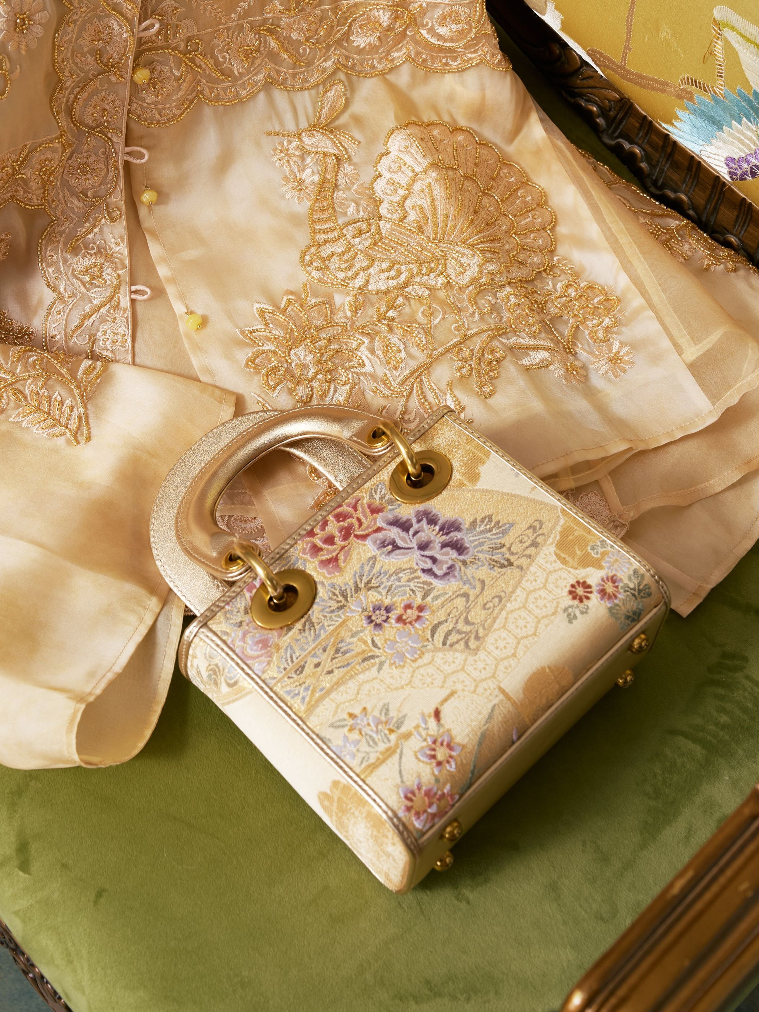 Floral Brocade Leather Top Handle Bag
