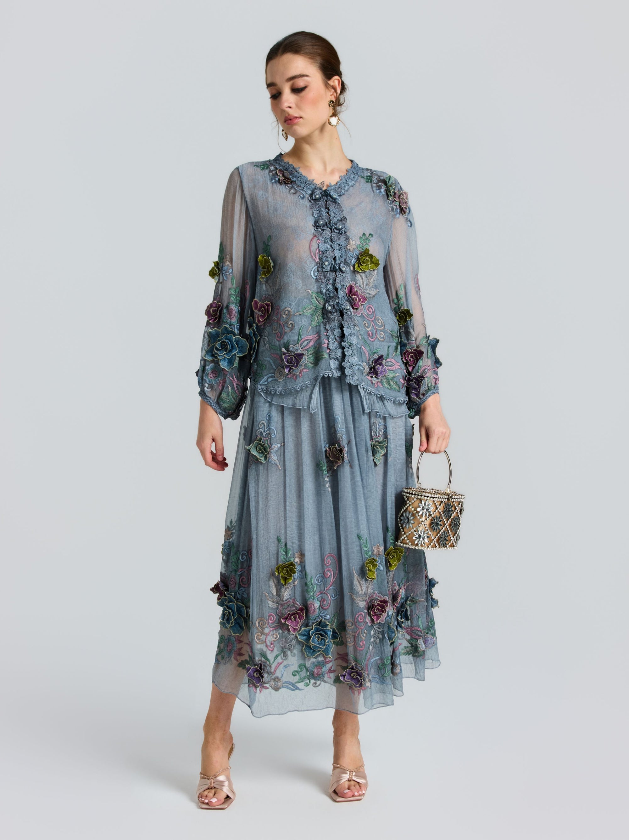 3D Floral Embroidered Silk Skirt