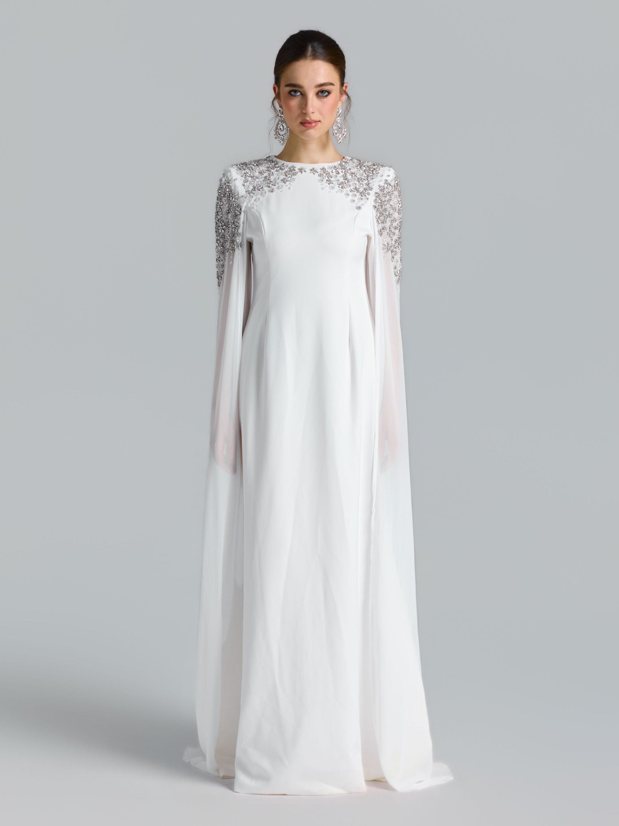 Crystal Cape Sleeve Evening Gown