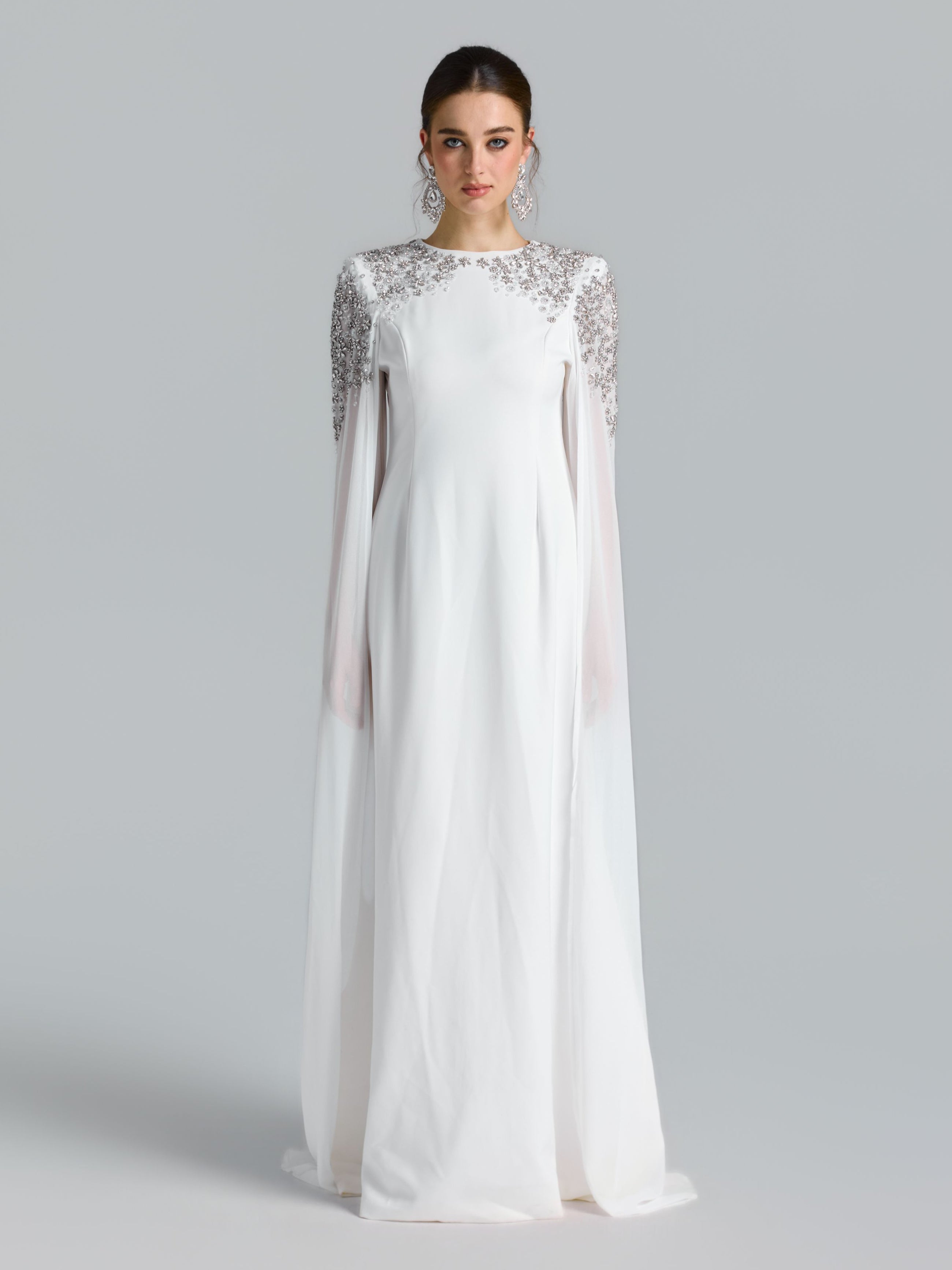 Crystal Cape Sleeve Evening Gown