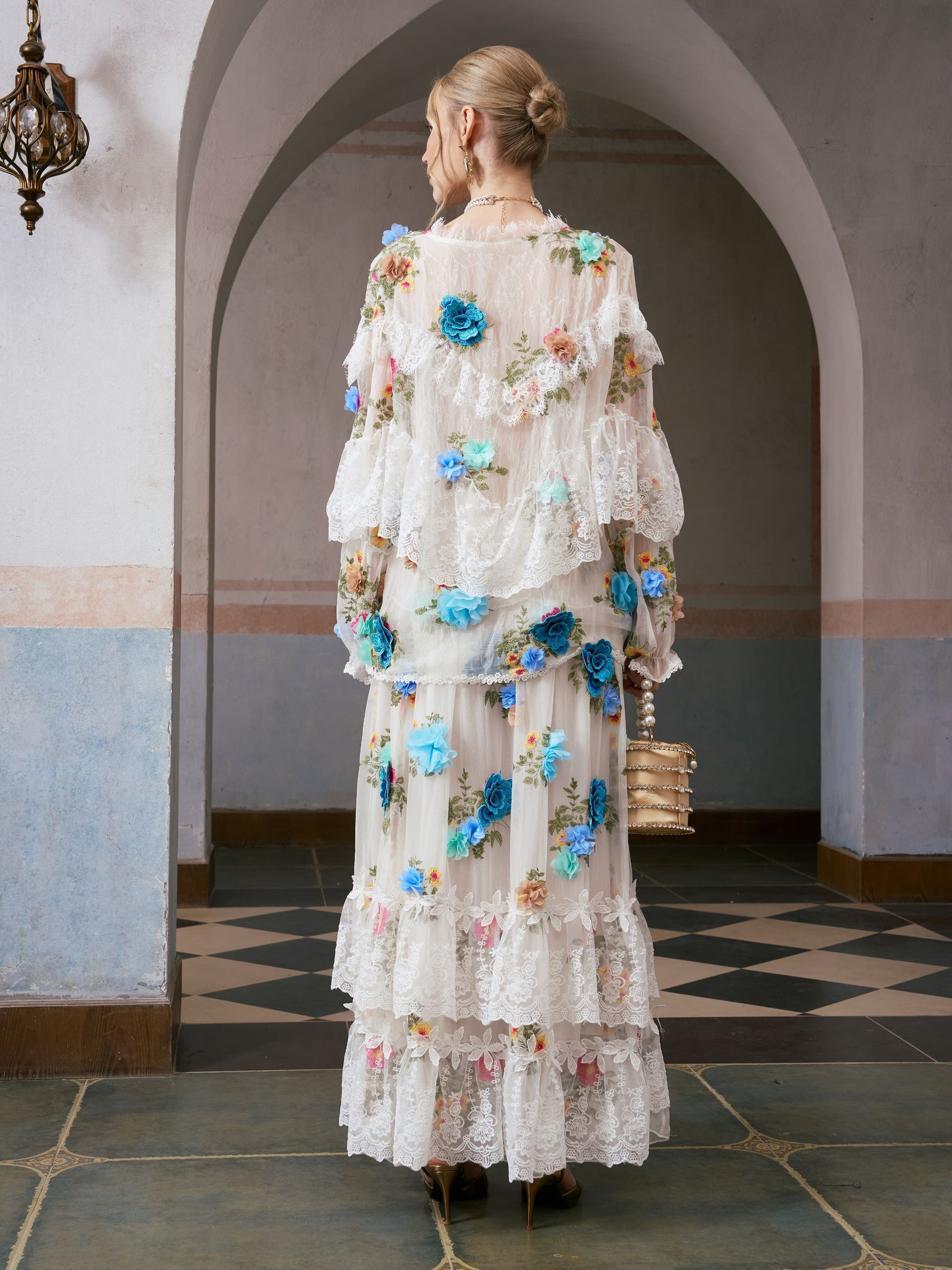 3D Floral Appliqué Mulberry Silk Blouse