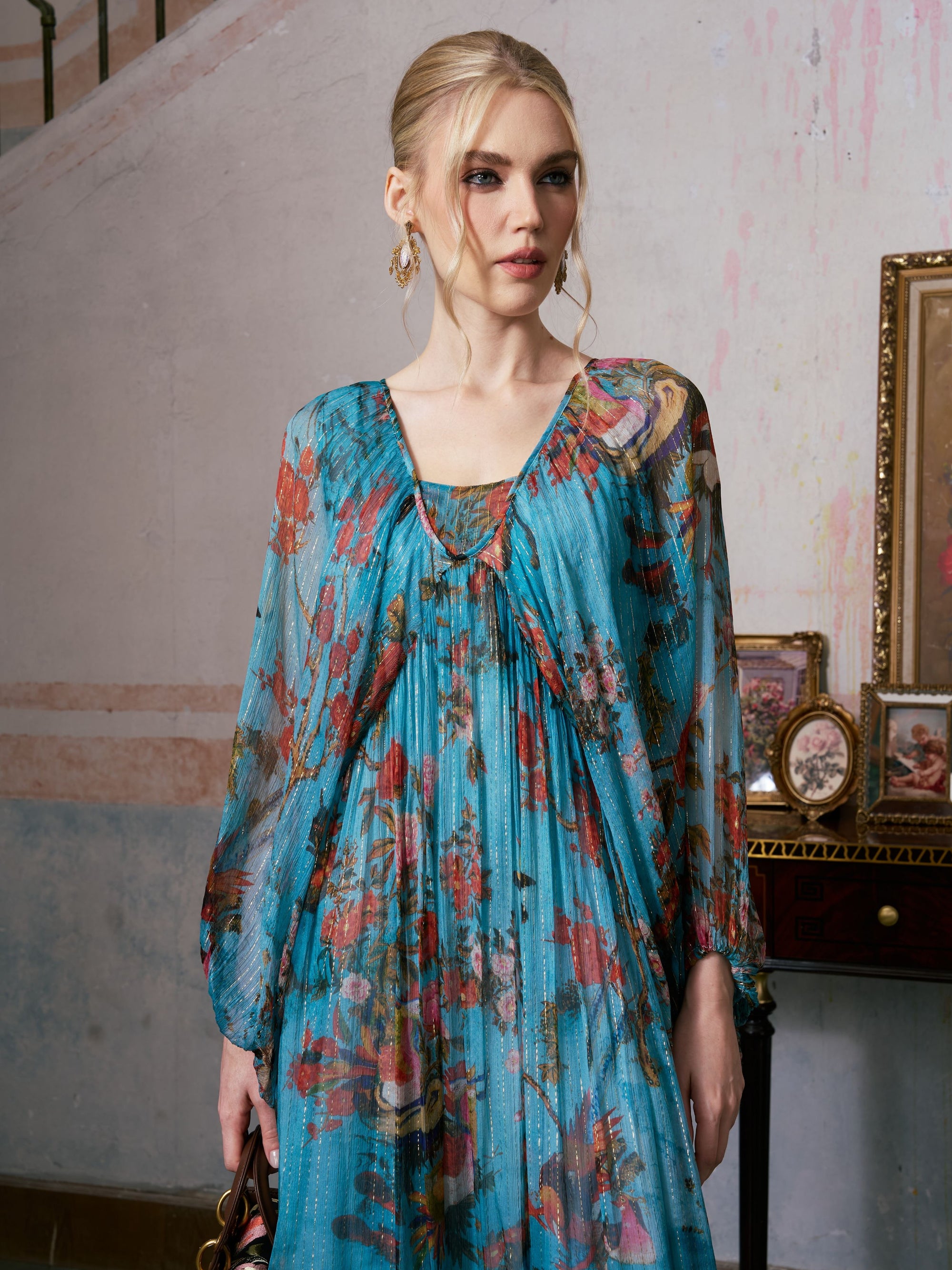 Botanical Bird Print Silk Dress