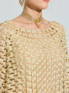 A person wears the Social Queen Pearl Embellished Floral Overlay Dress with 3D floral appliqués and pearl accents, styled with a gold choker necklace featuring a small yellow gemstone.