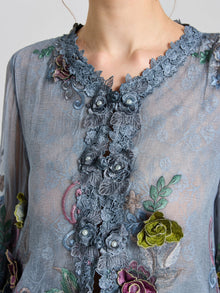 3D Floral Embroidered Silk Blouse
