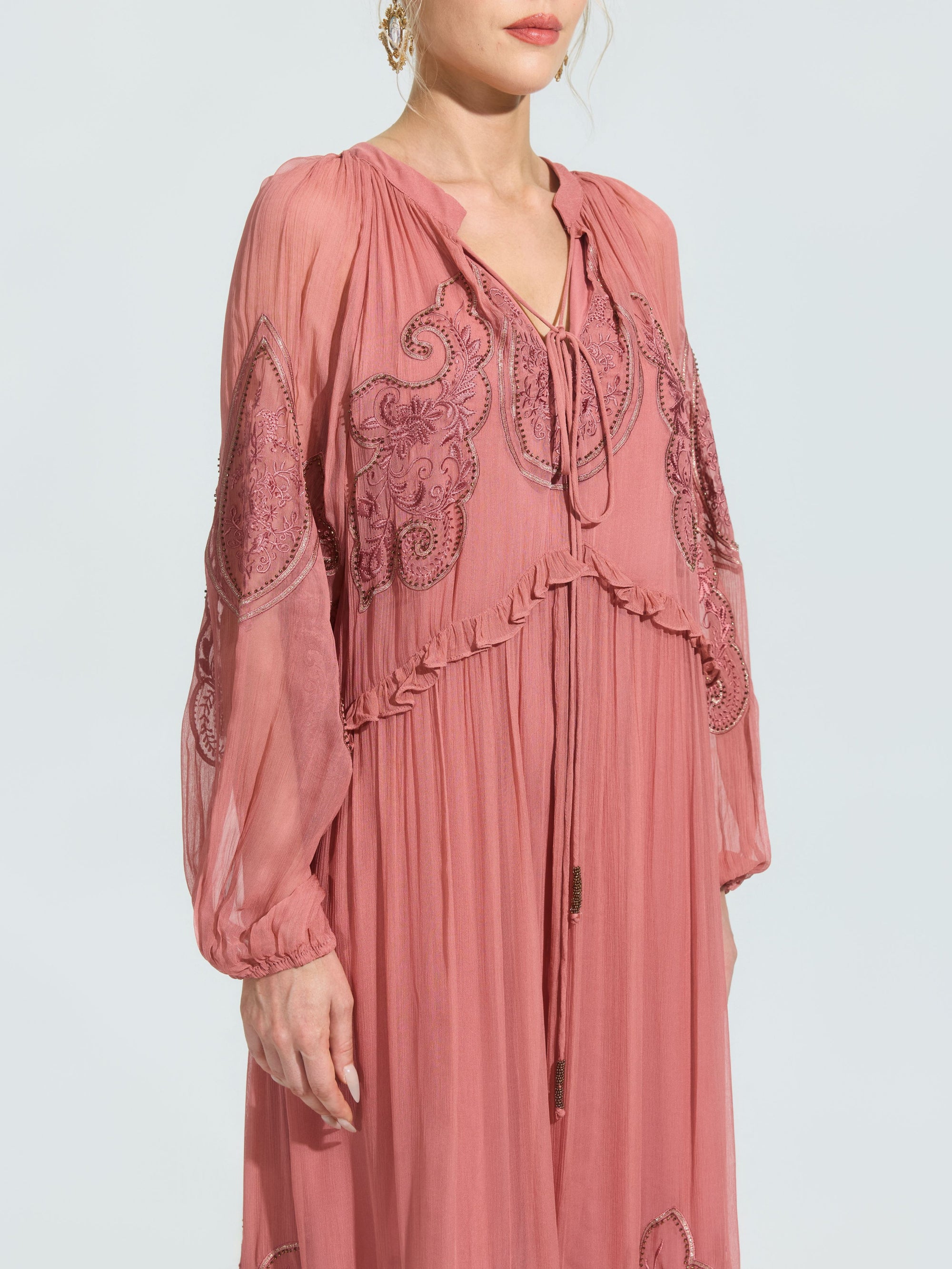 Paisley Embroidered Tie-Neck Dress