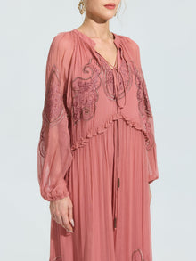 Paisley Embroidered Tie-Neck Dress