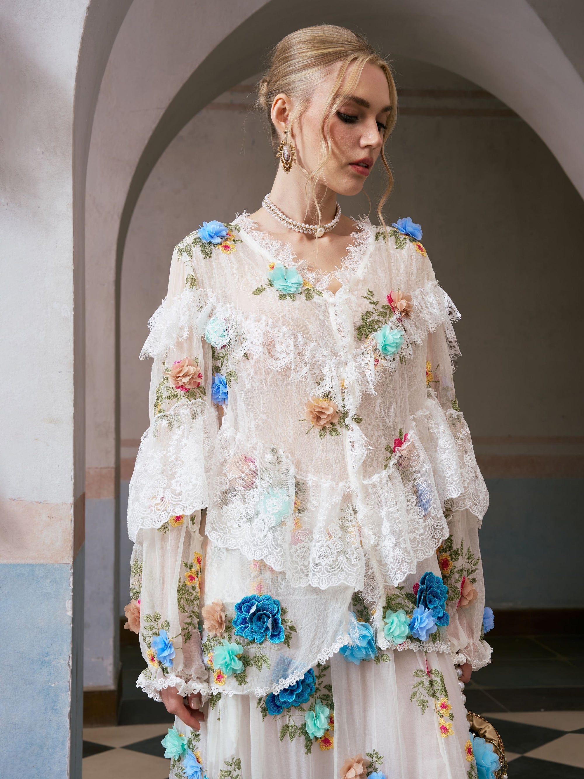 3D Floral Appliqué Mulberry Silk Blouse