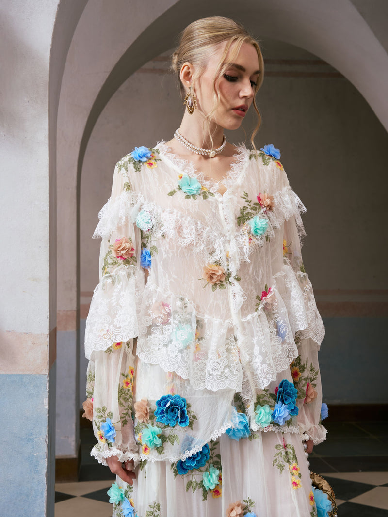 3D Floral Appliqué Mulberry Silk Blouse