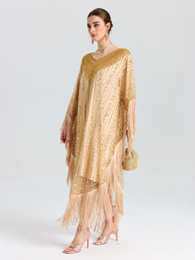 A woman models the Social Queen Beaded Fringe Cape Dress with a matching handbag, standing against a plain white background.