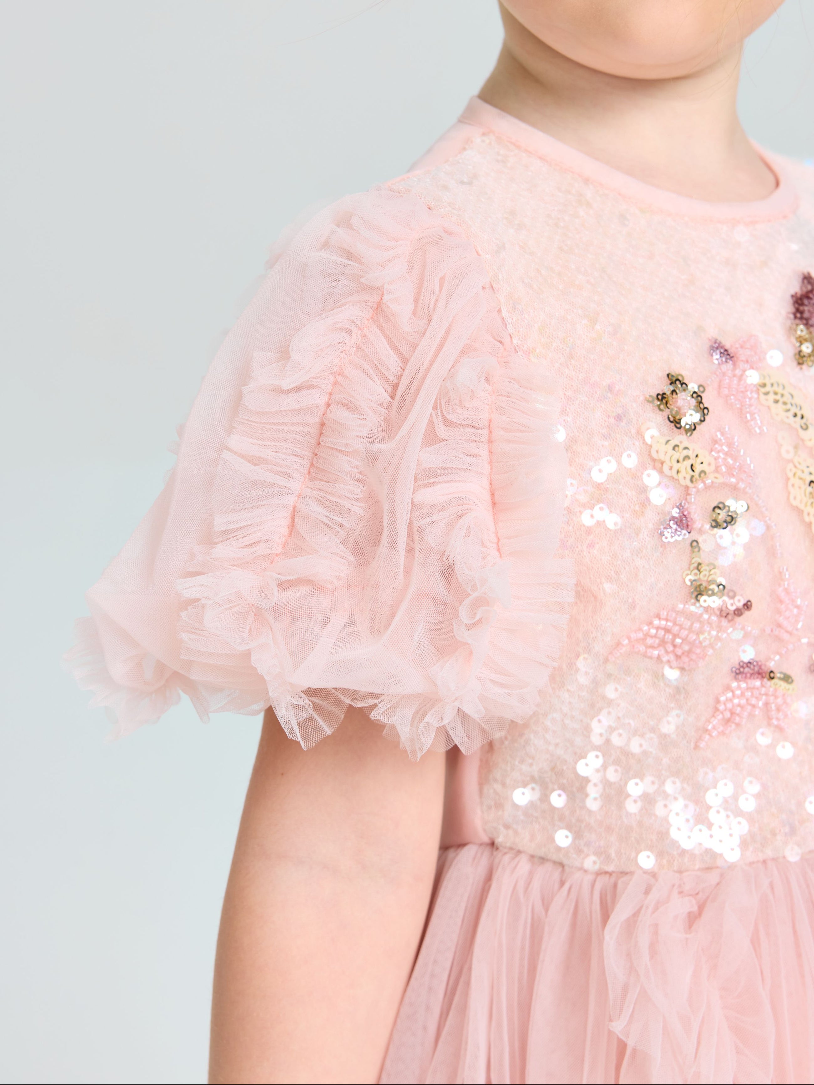 A child wearing the Social Queen Girls Sequin Embellished Tulle Dress, featuring a light pink tulle skirt, ruffled sleeves, and sequin details on the bodice.