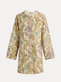 The Social Queen Italian Baroque Floral Metallic Jacquard Jacket features a collarless, long-sleeve design with ornate gold, green, purple, and pink florals on cream for a vintage-inspired look.