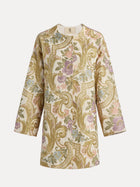 The Social Queen Italian Baroque Floral Metallic Jacquard Jacket features a collarless, long-sleeve design with ornate gold, green, purple, and pink florals on cream for a vintage-inspired look.