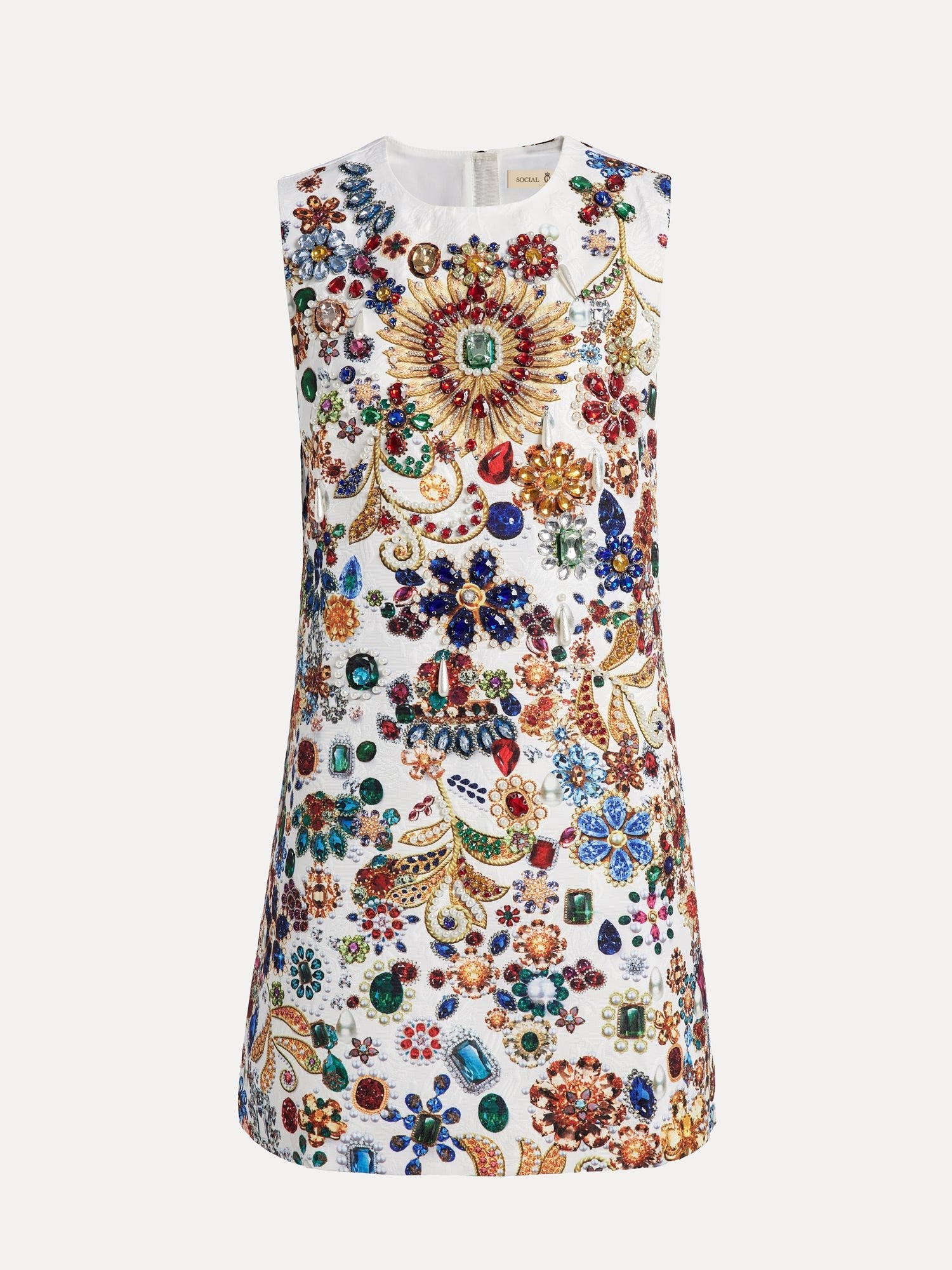 The Social Queen Jewel-Embellished Floral Mini Dress is a sleeveless white dress adorned with colorful gemstone-inspired patterns across the front.