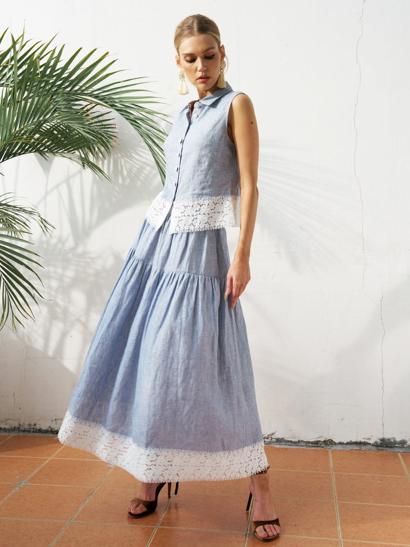 Lace Detail Linen Midi Skirt - Social Queen