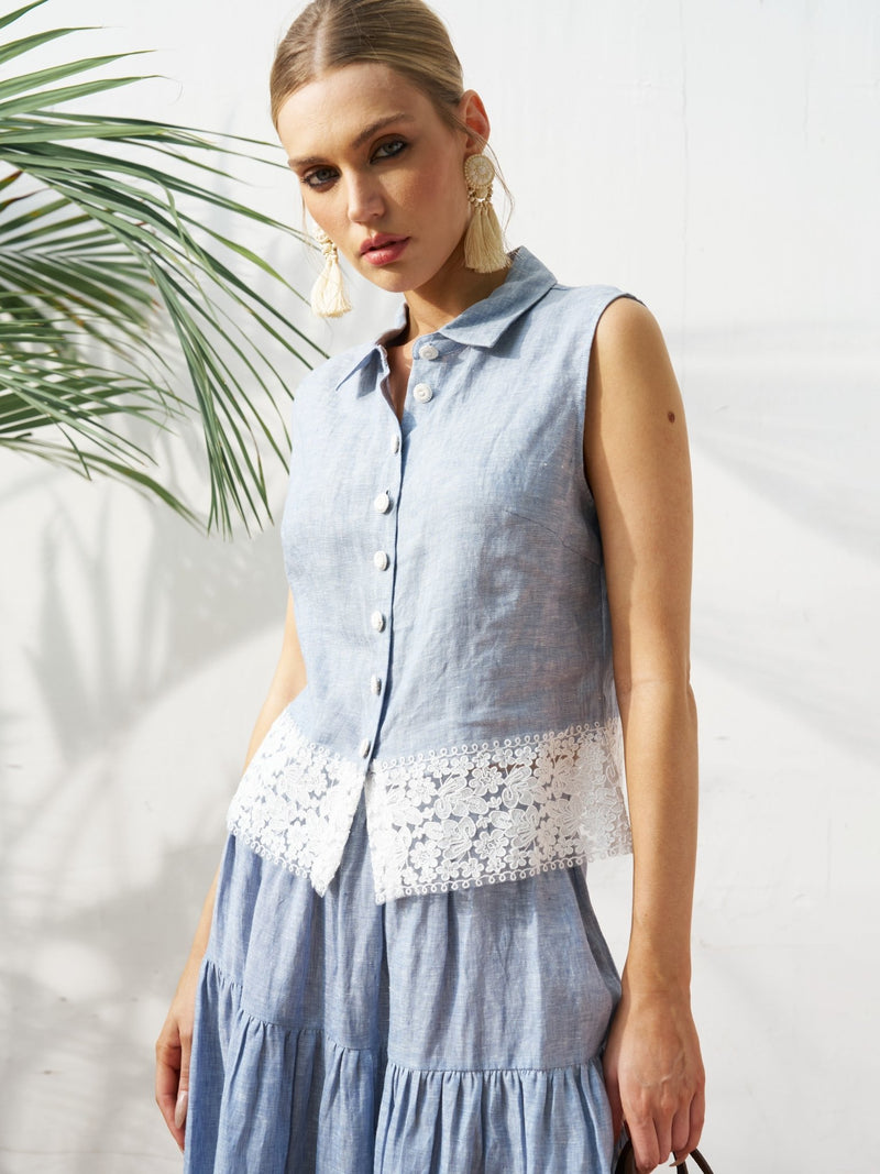 Lace Detail Linen Sleeveless Shirt - Social Queen