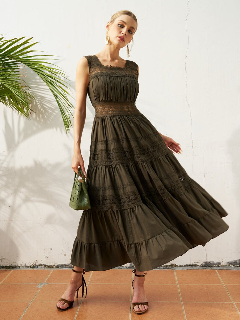 Lace Detail Pleated Cotton Dress - Social Queen