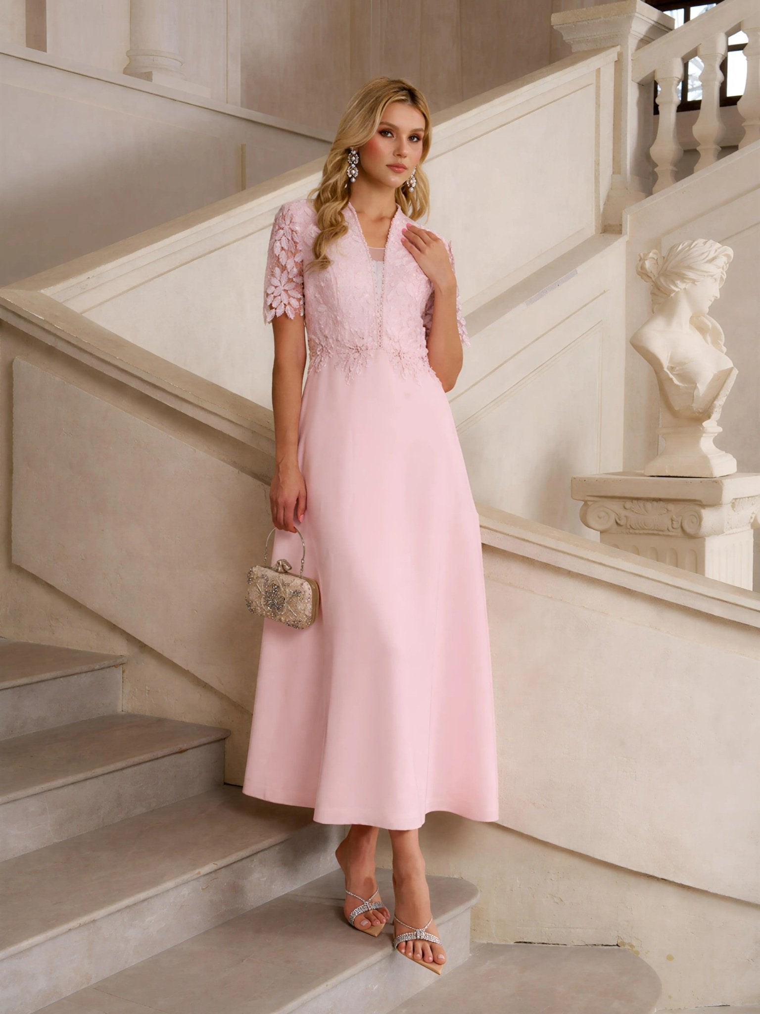 Lace-Panel Satin A-Line Gown PINK / 3XL