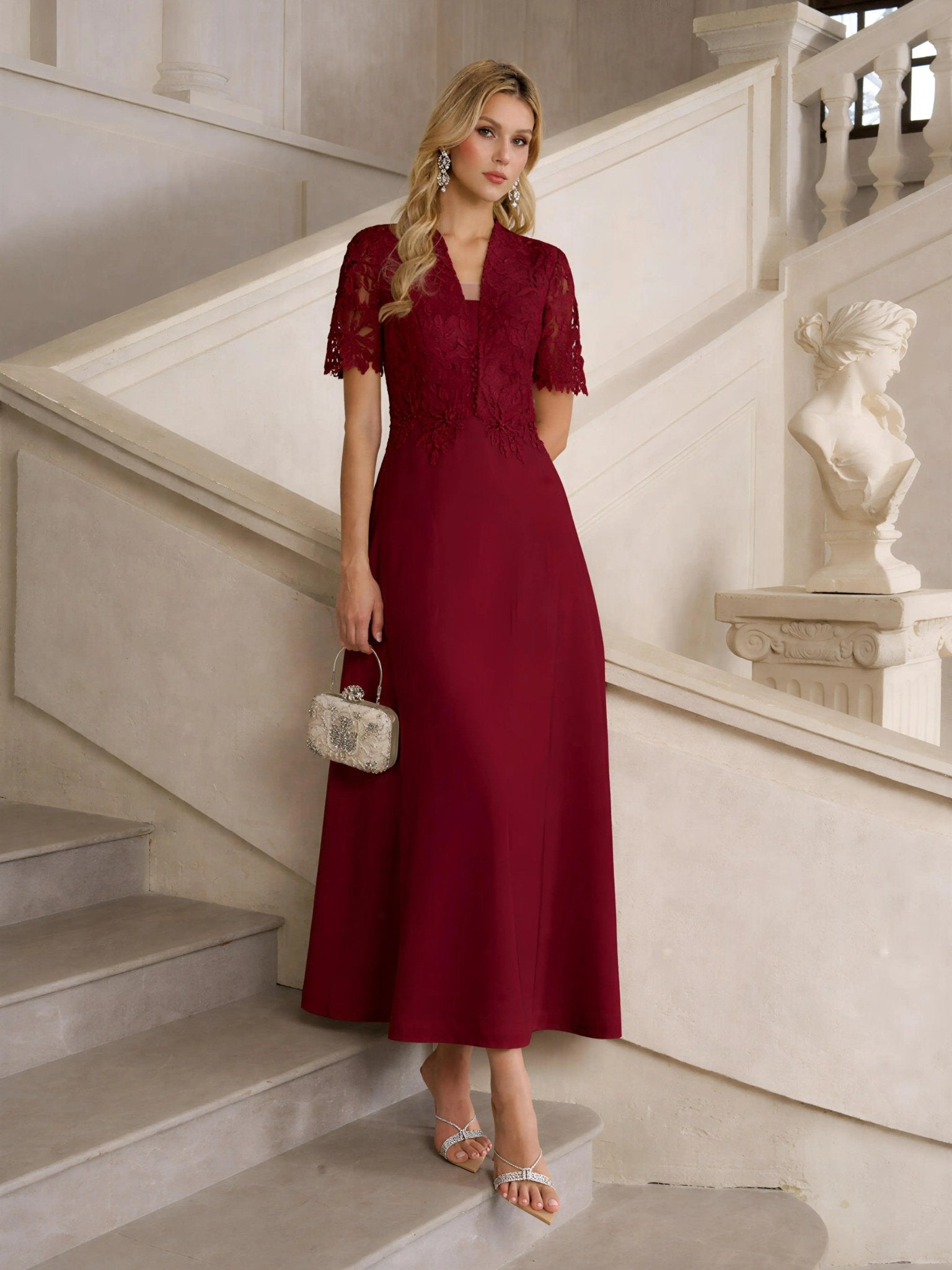 Lace-Panel Satin A-Line Gown BURGUNDY RED / L