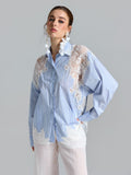 Lace Patchwork Stripe Cotton Shirt - Social Queen
