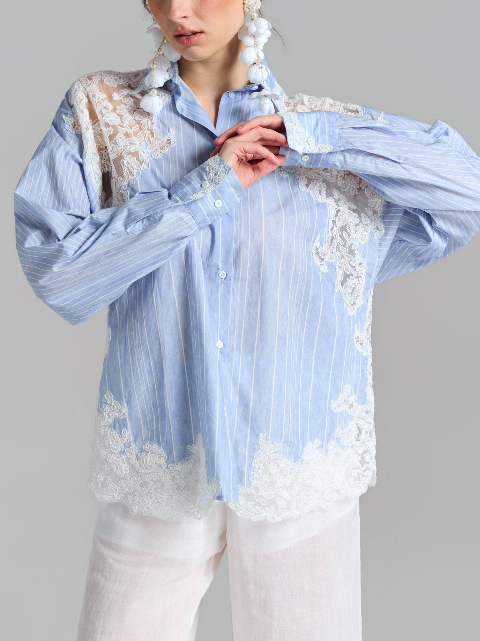 Lace Patchwork Stripe Cotton Shirt - Social Queen