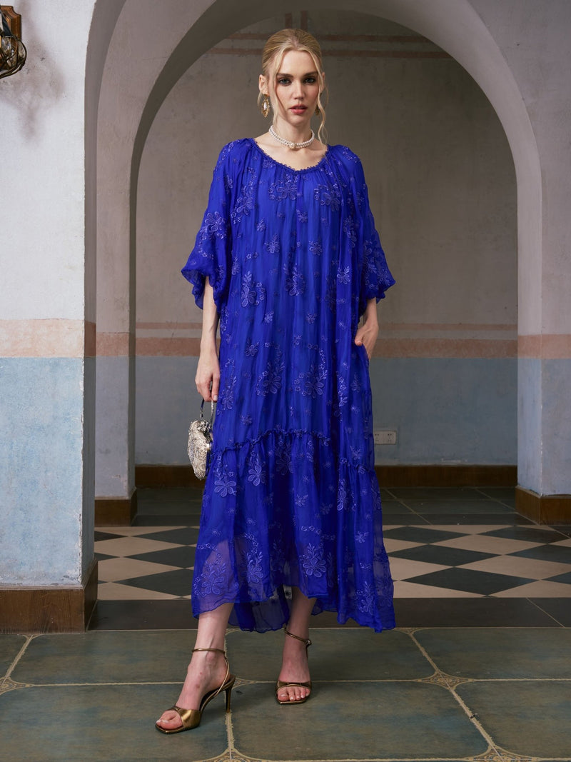 Lace-Trim Embroidered Silk Dress - Social Queen