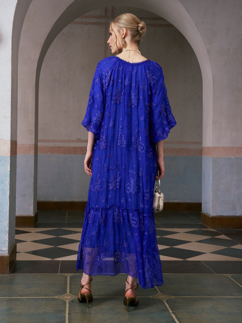 Lace-Trim Embroidered Silk Dress - Social Queen